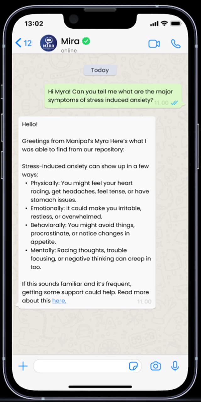 The Health Encyclopedia Chatbot, Mira, answering a question about stress-induced anxiety in a chat on a phone